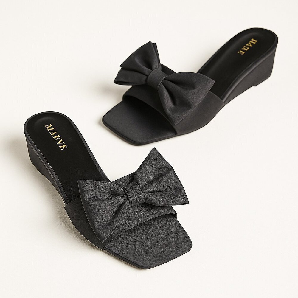 Maeve by Anthropologie Bow Micro Wedge Sandals in Black Size10 NEW - Picture 2 of 9
